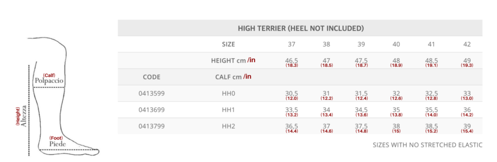 High Terrier Size Chart for Tattini Boots Italian English Dressage Boots