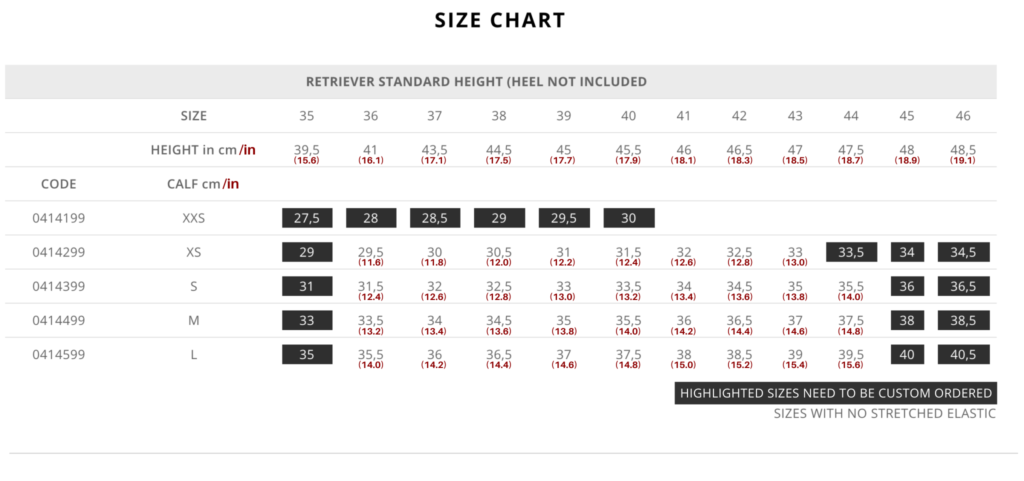 Standard Retriever Size Chart for Tattini Boots Italian English Riding Boots