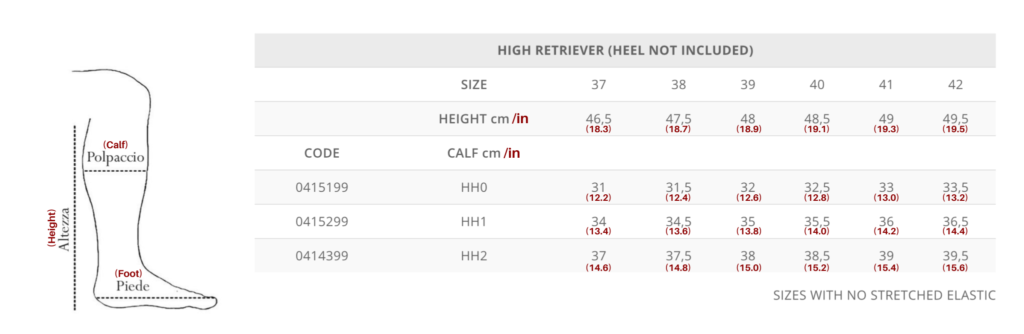 Tattini Boots - Size Chart for Retriever High Height - Italian English Tall Boots