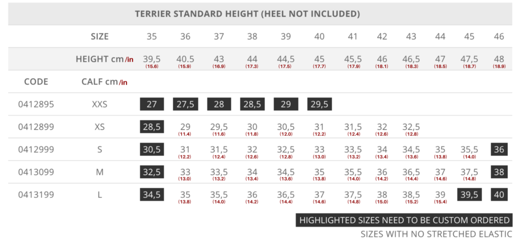 Standard Terrier Size Chart for Tattini Boots Italian English Riding Boots - Dressage Boots - Field Boots